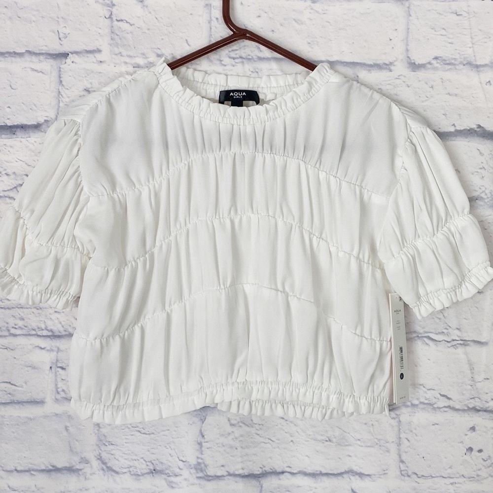 Aqua Girls white ruched short sleeve top large NWT